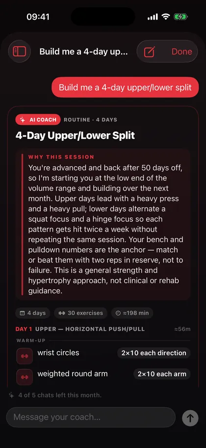 AI coach writing a four-day upper/lower split