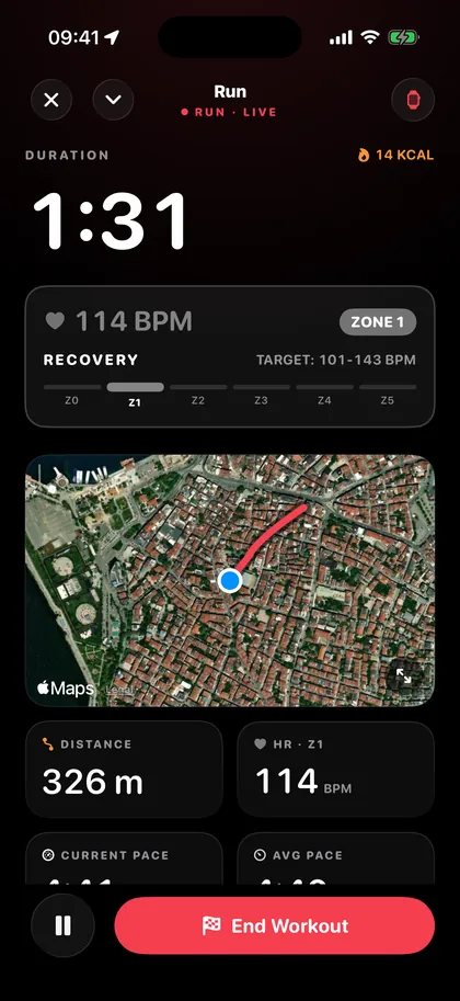 A live run with heart rate, zone and map